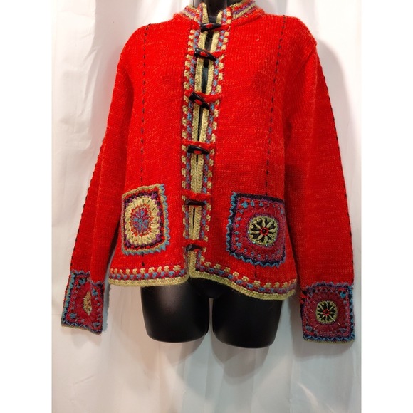Icelandic Design Sweaters - EUC Icelandic Designs Toggle Knit Crochet Cardigan Sweater Alpaca Wool M Orange
